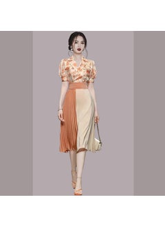 2022 Summer New Womens Print Shirt Skirt Set Orange Red