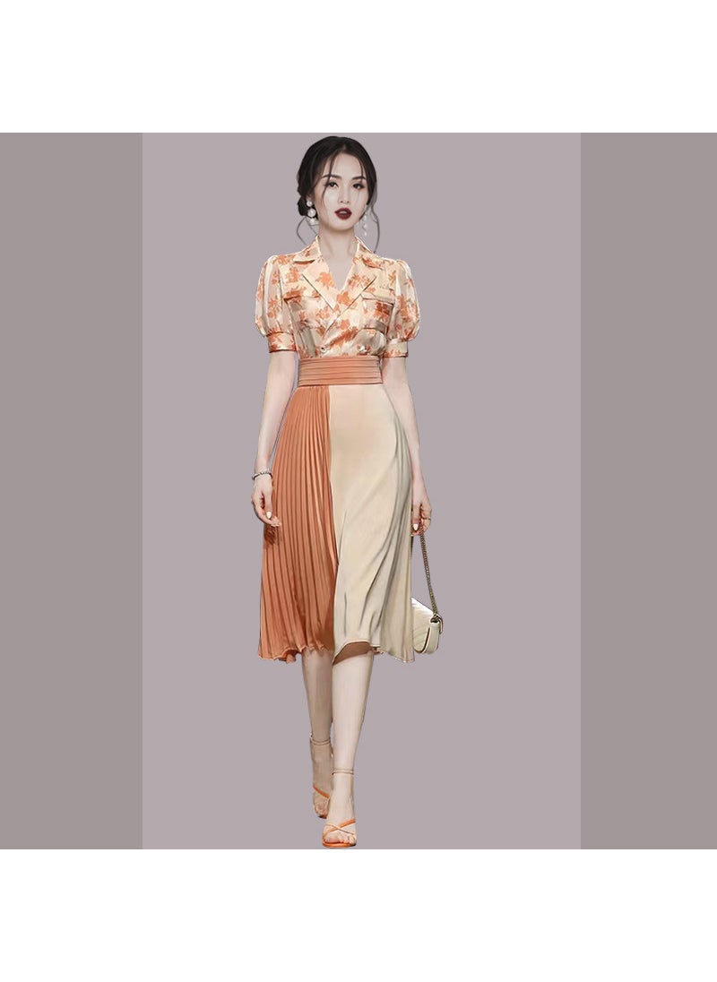 Generic - 2022 Summer New Womens Print Shirt Skirt Set Orange Red - Image 1