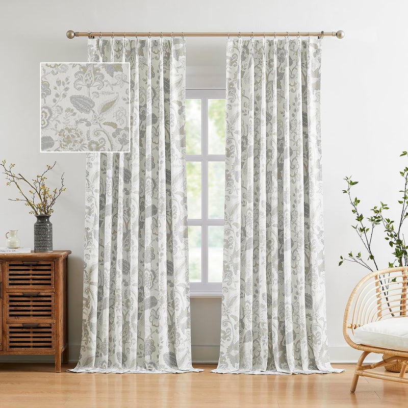 Kayne Studio Linen Grey Blackout Curtain Panels Linen Botanical Leaf Print Floral Farmhouse Drapes Soundproof Light Blocking Window Treatment Living Room Bedroom Pinch Pleated BackTab,40"x95",2 Panels - Image 1