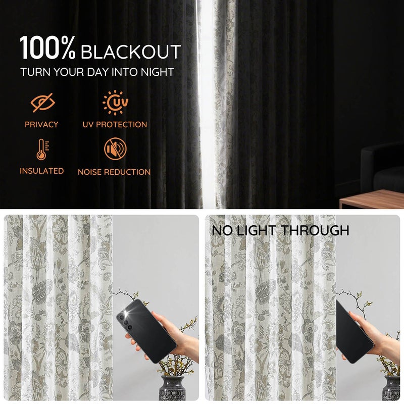 Kayne Studio Linen Grey Blackout Curtain Panels Linen Botanical Leaf Print Floral Farmhouse Drapes Soundproof Light Blocking Window Treatment Living Room Bedroom Pinch Pleated BackTab,40"x95",2 Panels - Image 4
