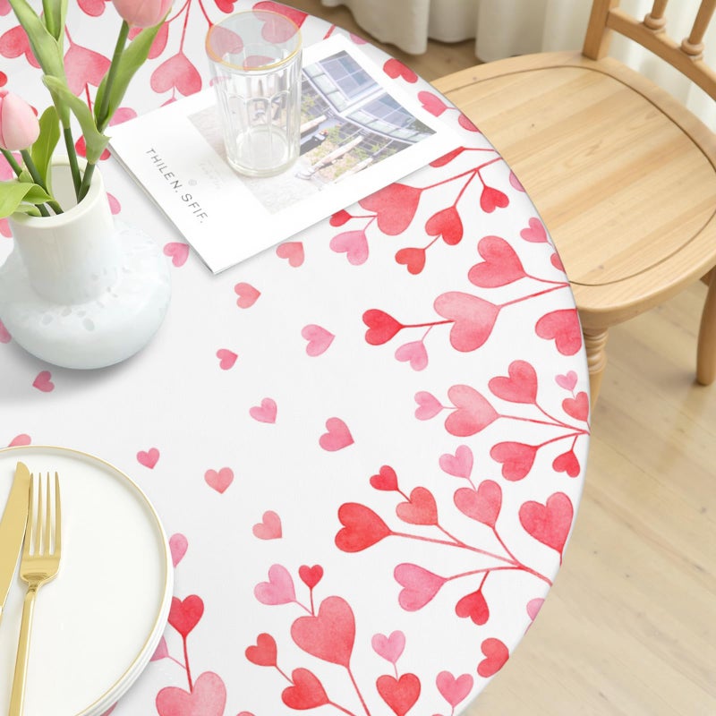 ABSOP Valentine's Day Round Fitted Tablecloth with Elastic Edge 40-44 Inch Red and Pink Heart Pattern Circle Table Cloth Holiday Table Cover for Kitchen Party Patio Picnic - Image 4
