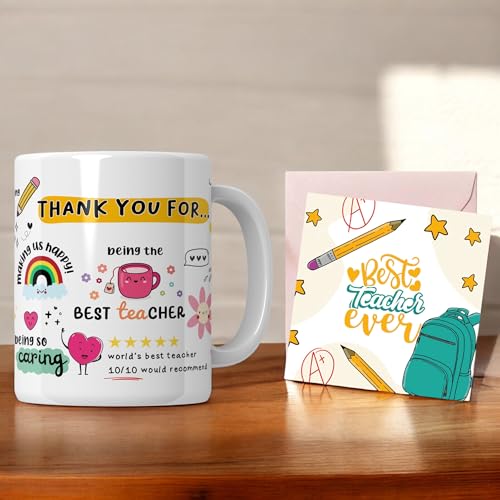 SINCE 7 STORE Thank You Teacher Doodle Mug with Greeting Card, Appreciation Mug with Lovely Messages/Gift for Teacher's Day, Birthday or Any Special Ocassions - Image 1