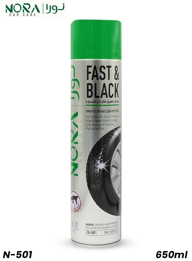 NORA Fast & Black Tyre Shine Spray 650ml High Gloss Tire Dressing for Instant Shine, Protection and Long-Lasting Black Finish for Car & Bike Tyres - N-501 - Image 1