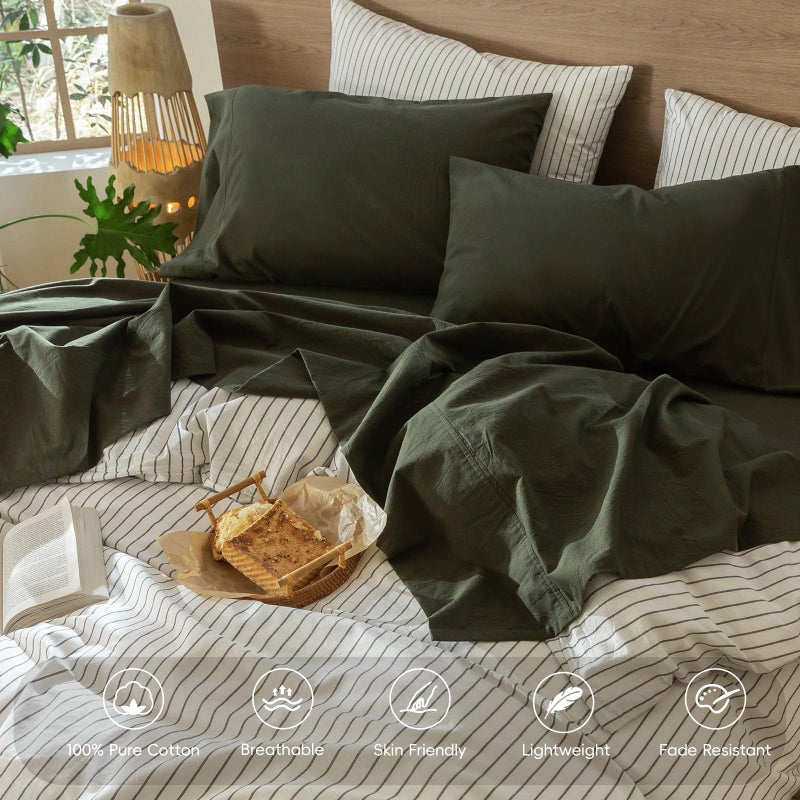 MooMee Bedding Sheet Set 100% Washed Cotton Linen Like Textured Breathable Durable Soft Comfy (Solid Olive Green, Queen) - Image 4