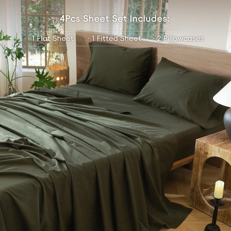 MooMee Bedding Sheet Set 100% Washed Cotton Linen Like Textured Breathable Durable Soft Comfy (Solid Olive Green, Queen) - Image 2