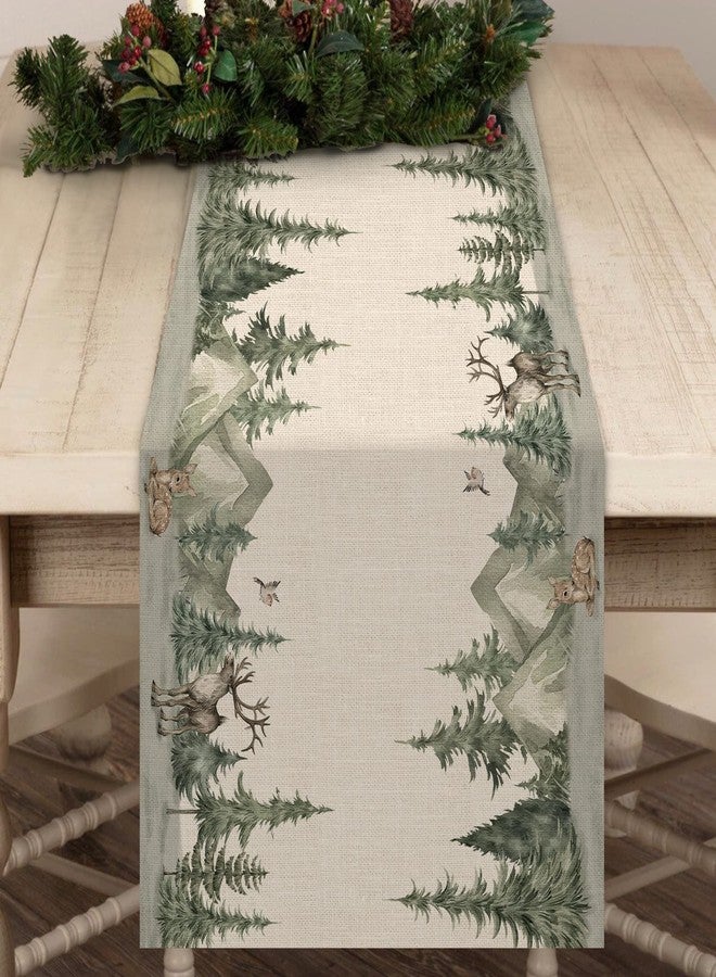 Seliem Winter Forest Reindeer Pine Tree Table Runner, Christmas Elk Watercolor Sparrow Home Kitchen Decor, Woodland Xmas Seasonal Farmhouse Burlap Dining Decoration Holiday Party Supply 13 x 120 - Image 1