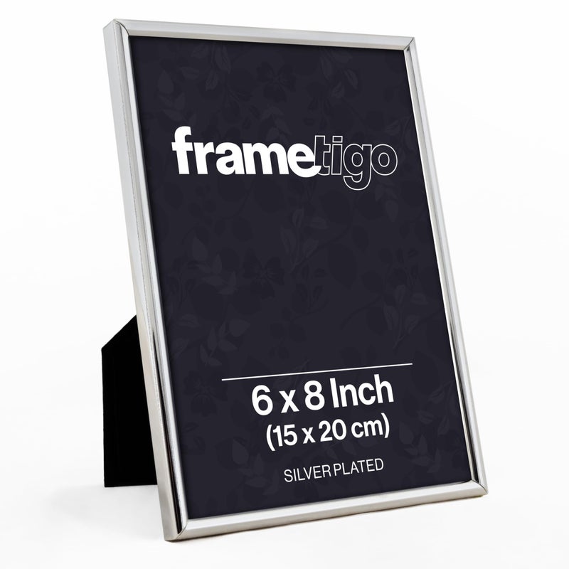 Frametigo  Silver Plated Thin Edge Photo Frame 6x8 15x20cm Photo Size  Velvet Frame Backing  Stand  Real Glass Window  TarnishResistant  Landscape or Portrait Orientation