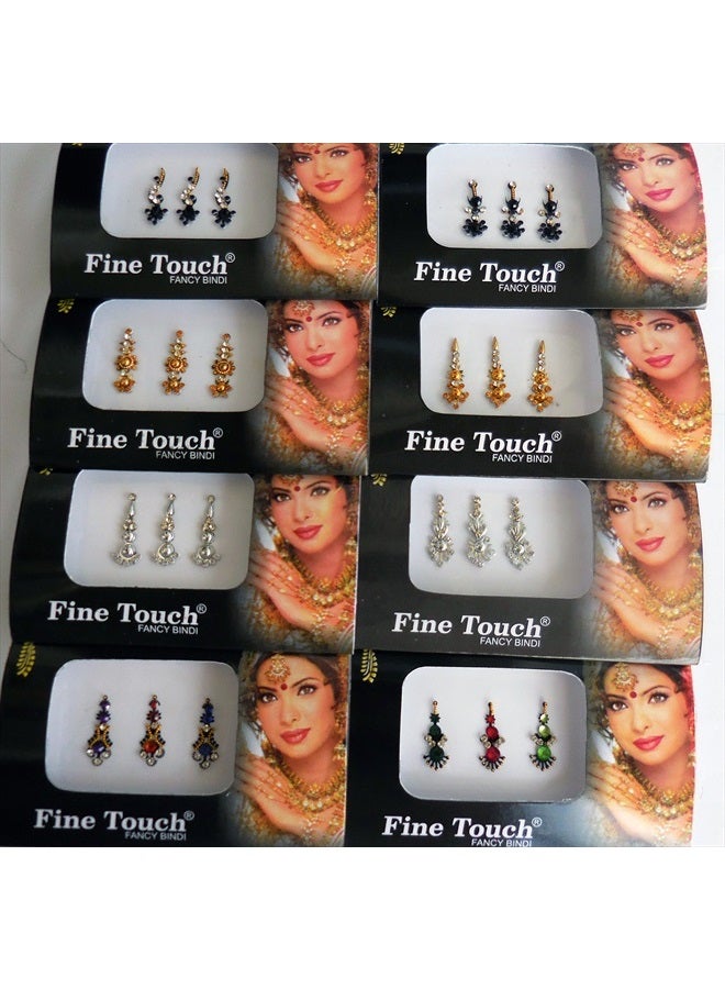 Fine Touch 8 Bindi Pack- 24 Combo Bindi Stickers Multicolored,Silver,Gold,Black, Bindi Tattoo Bindi Jewelry - Image 1