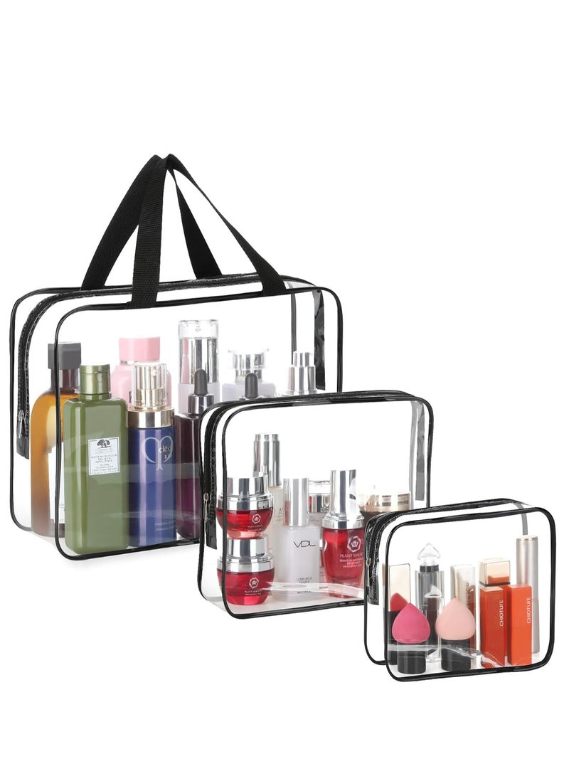 Red Blossom 3 Pieces Large Clear Travel Bags for Toiletries, Waterproof Clear Plastic Cosmetic Makeup Bags, Transparent Packing Organizer Storage Bags (Black)  - Image 1