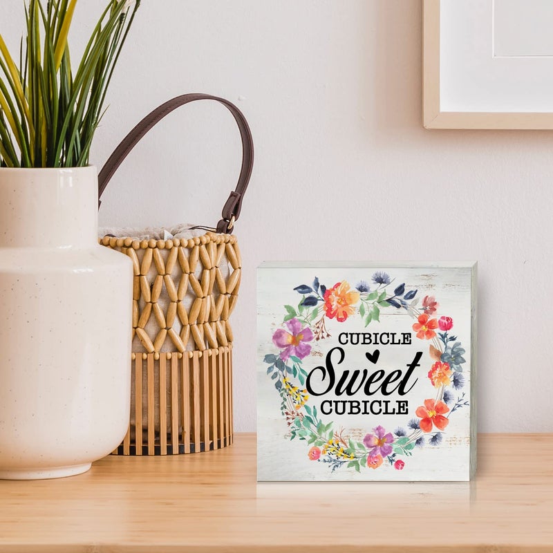 HDKY Cubicle Sweet Cubicle Wood Box Sign Decor Rustic Funny Office Space Wooden Box Sign Block Plaque for Wall Tabletop Desk Home Office Decoration 5"" x 5""  Coworker Gift - Image 5