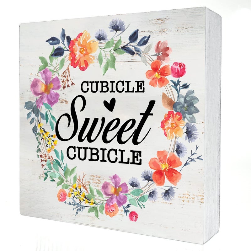 HDKY Cubicle Sweet Cubicle Wood Box Sign Decor Rustic Funny Office Space Wooden Box Sign Block Plaque for Wall Tabletop Desk Home Office Decoration 5"" x 5""  Coworker Gift - Image 1