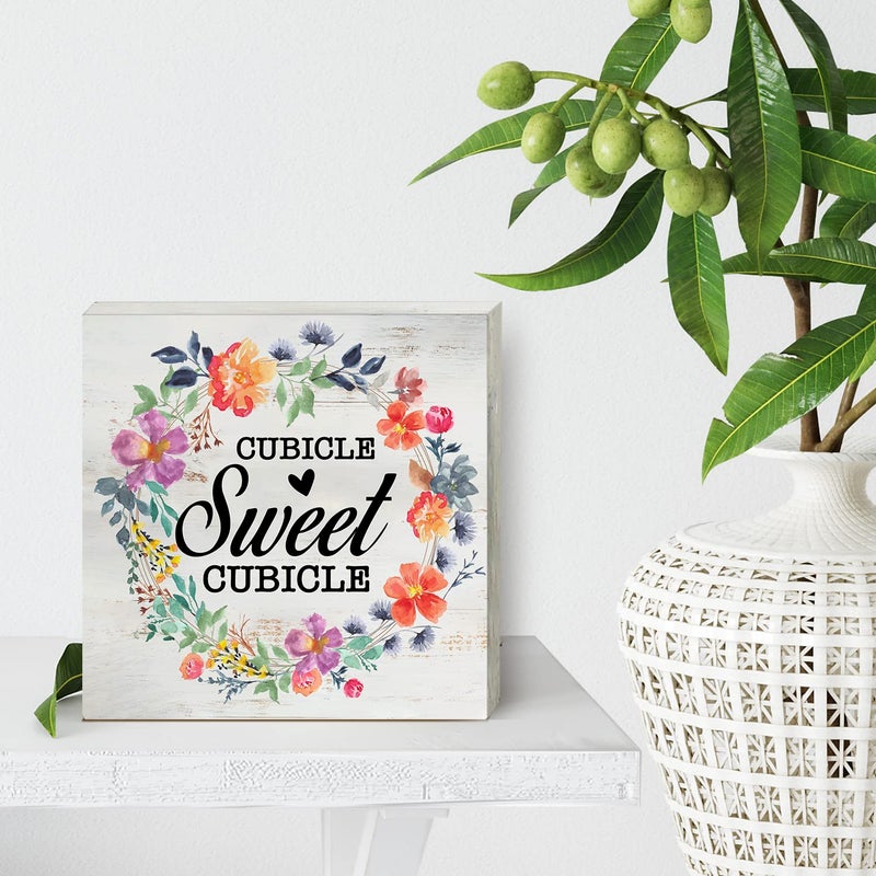 HDKY Cubicle Sweet Cubicle Wood Box Sign Decor Rustic Funny Office Space Wooden Box Sign Block Plaque for Wall Tabletop Desk Home Office Decoration 5"" x 5""  Coworker Gift - Image 4