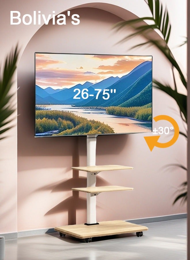 Bolivia's Mobile Rolling TV Cart for 26-75" TVs , Adjustable Height TV Stand with 360° Lockable Wheels - Max VESA 600x400mm, Up to 45kg, with 3-layer Wooden Storage Shelves  - Image 1