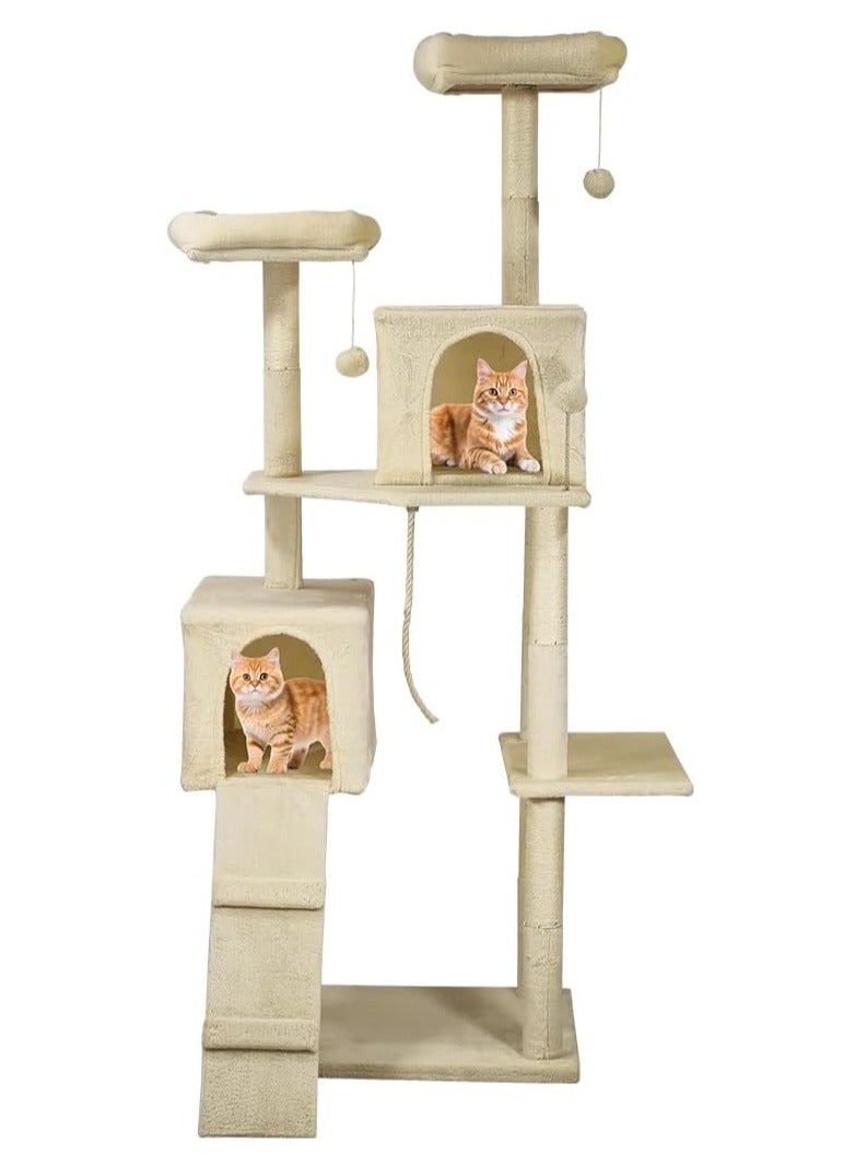 أن ان سي بيتس برج شجرة القطط للاستخدام الداخلي، تصميم متعدد المستويات مع مجاثم مزدوجة، شقة مريحة، عمود خدش من السيزال، سلم تسلق، وكرة معلقة، شجرة قطط بارتفاع 180 سم وسهلة التجميع، (بيج) - Image 1
