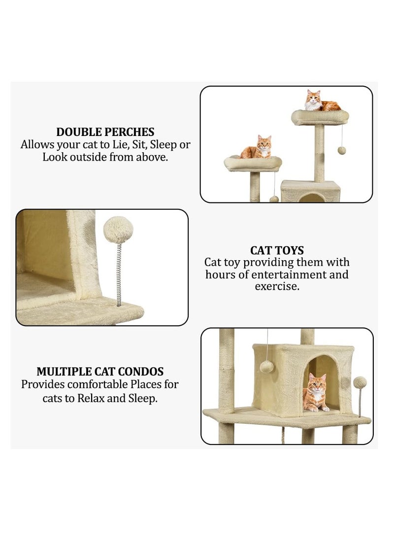 أن ان سي بيتس برج شجرة القطط للاستخدام الداخلي، تصميم متعدد المستويات مع مجاثم مزدوجة، شقة مريحة، عمود خدش من السيزال، سلم تسلق، وكرة معلقة، شجرة قطط بارتفاع 180 سم وسهلة التجميع، (بيج) - Image 3