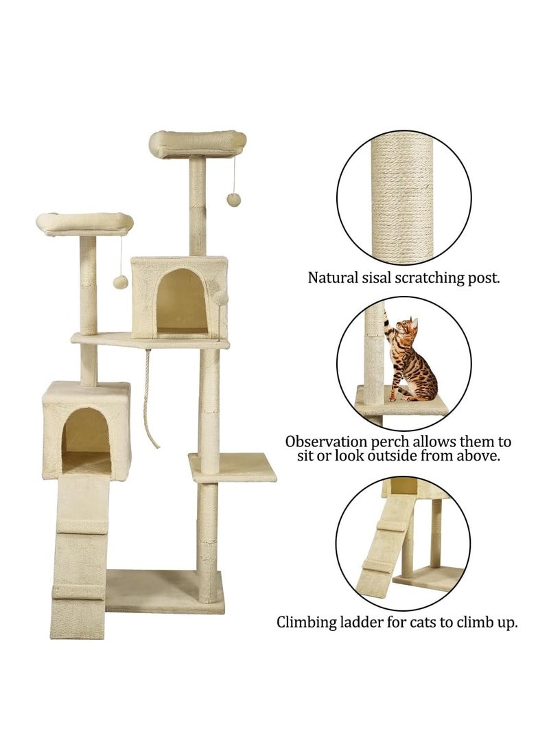 أن ان سي بيتس برج شجرة القطط للاستخدام الداخلي، تصميم متعدد المستويات مع مجاثم مزدوجة، شقة مريحة، عمود خدش من السيزال، سلم تسلق، وكرة معلقة، شجرة قطط بارتفاع 180 سم وسهلة التجميع، (بيج) - Image 4