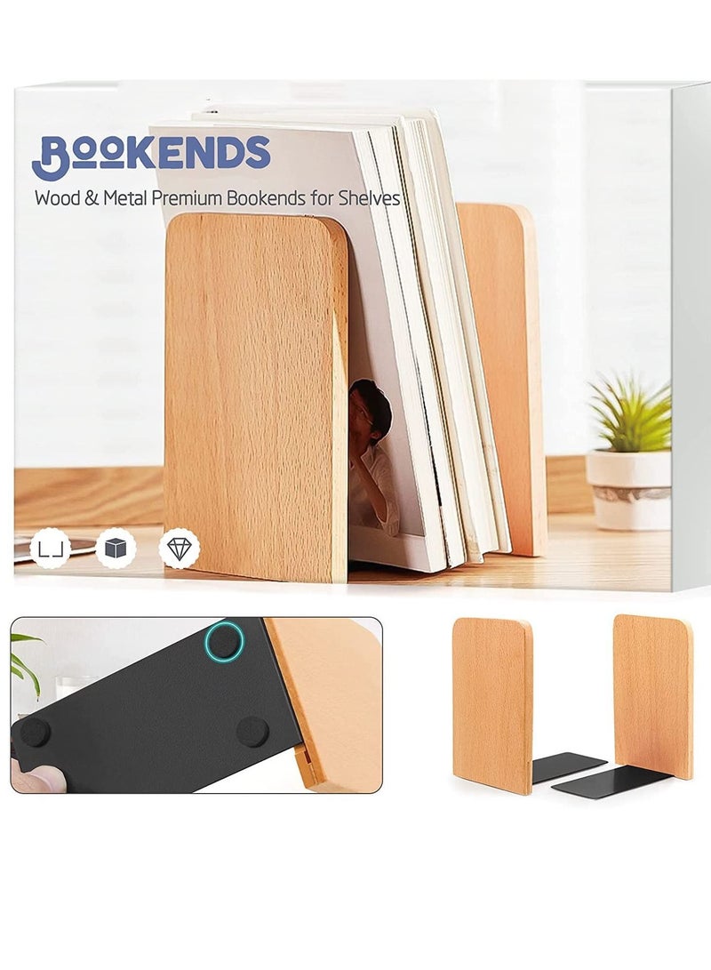 Y&D Book Ends, Non-Skid Bookends Supports for Bookrack Desk, Books, Natural Beech Wood & Metal Premium Appearance Design, Back to School Gift Box Ends Hold Books - Image 2