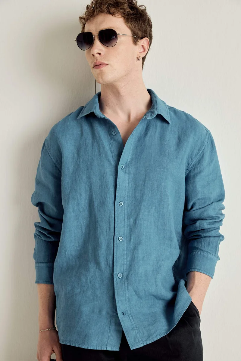 Defacto 100% Linen Relax Fit Woven Long Sleeve Shirt