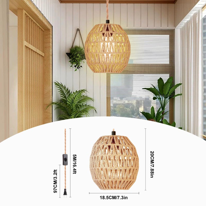 Maliralt Hanging Lamps Rattan Pendant Light Hanging Lights 16.4ft Plug in Cord Pendant Light Fixture Plug Into Wall Outlet Pendant Lighting with On Off Switch for Bedroom Living (Egg Shade) - Image 2