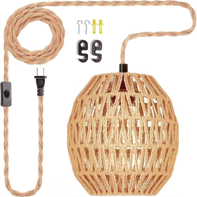 Maliralt Hanging Lamps Rattan Pendant Light Hanging Lights 16.4ft Plug in Cord Pendant Light Fixture Plug Into Wall Outlet Pendant Lighting with On Off Switch for Bedroom Living (Egg Shade) - Image 1