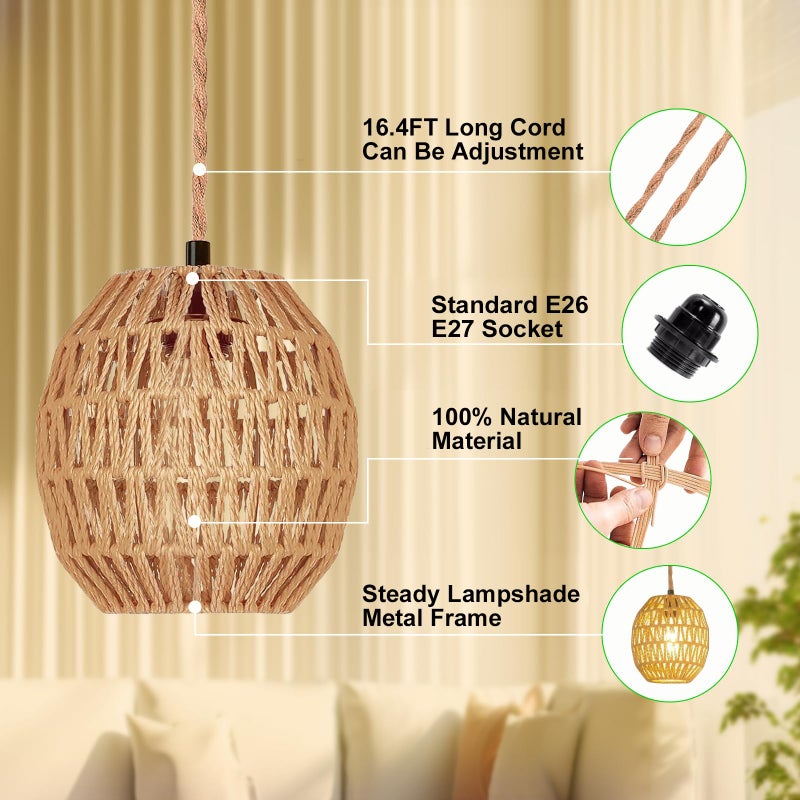 Maliralt Hanging Lamps Rattan Pendant Light Hanging Lights 16.4ft Plug in Cord Pendant Light Fixture Plug Into Wall Outlet Pendant Lighting with On Off Switch for Bedroom Living (Egg Shade) - Image 3