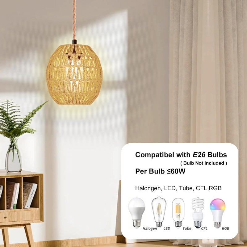Maliralt Hanging Lamps Rattan Pendant Light Hanging Lights 16.4ft Plug in Cord Pendant Light Fixture Plug Into Wall Outlet Pendant Lighting with On Off Switch for Bedroom Living (Egg Shade) - Image 4
