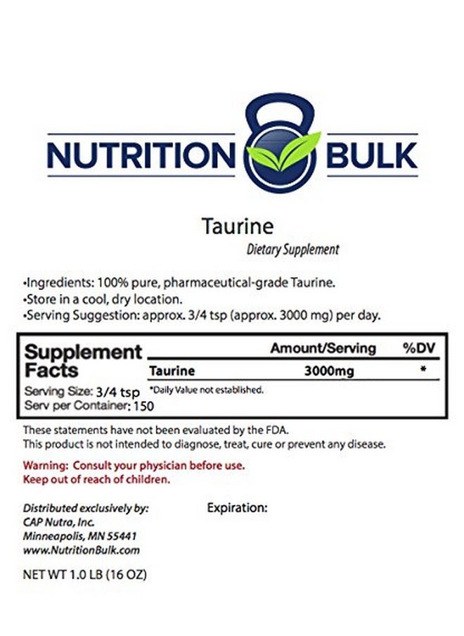 Nutrition Bulk Taurine - Nutritionbulk.Com, Powder, Energy, Focus, Brain Health, Gluten-Free, Non-Gmo, Vegan, No Fillers (16 Oz)  - Image 2