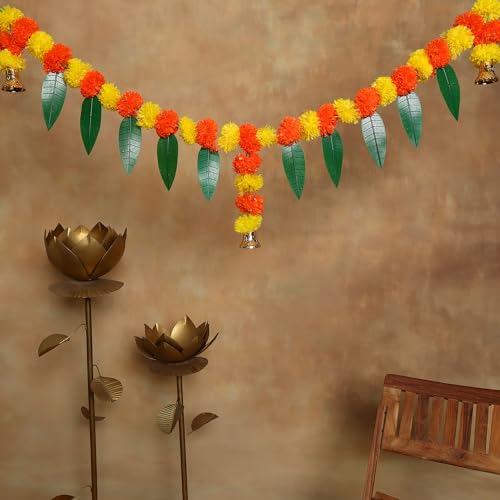 Akaar Decor Artificial Marigold Bandhanwar Door Hanging Toran | Diwali Decoration Items for Home Decor| Festive Decor| Office Decor| -(L:Approx. 3.5ft)-with Mango Leaves Decoration (Multi) - Image 5
