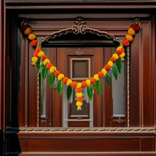Akaar Decor Artificial Marigold Bandhanwar Door Hanging Toran | Diwali Decoration Items for Home Decor| Festive Decor| Office Decor| -(L:Approx. 3.5ft)-with Mango Leaves Decoration (Multi) - Image 3