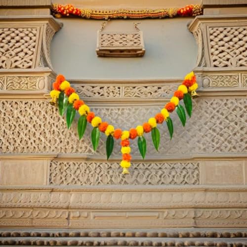 Akaar Decor Artificial Marigold Bandhanwar Door Hanging Toran | Diwali Decoration Items for Home Decor| Festive Decor| Office Decor| -(L:Approx. 3.5ft)-with Mango Leaves Decoration (Multi) - Image 2