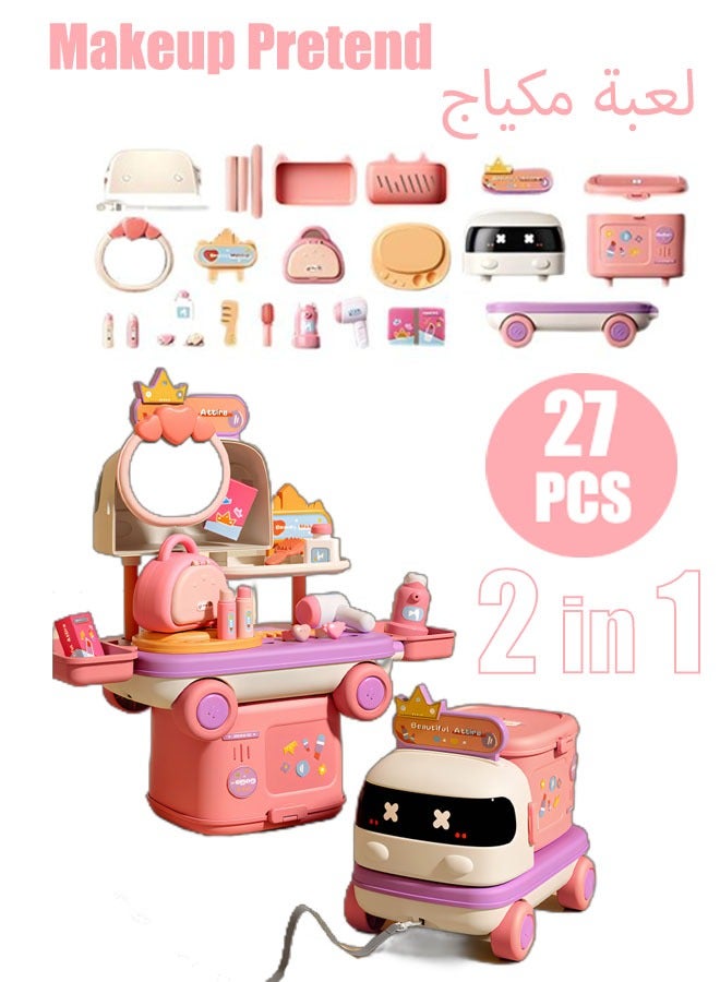 2 In 1 Makeup Pretend Children Makeup Game Toy With 2 Forms  Play Car Toy Set Makeup Table Toys Mobile Makeup Vehicle Makeup Toy Car Hairbrush Makeup Mirror Hair Dryer Transformer Vehicle Makeup Cart Toy - Image 1