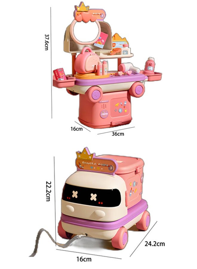 2 In 1 Makeup Pretend Children Makeup Game Toy With 2 Forms  Play Car Toy Set Makeup Table Toys Mobile Makeup Vehicle Makeup Toy Car Hairbrush Makeup Mirror Hair Dryer Transformer Vehicle Makeup Cart Toy - Image 2
