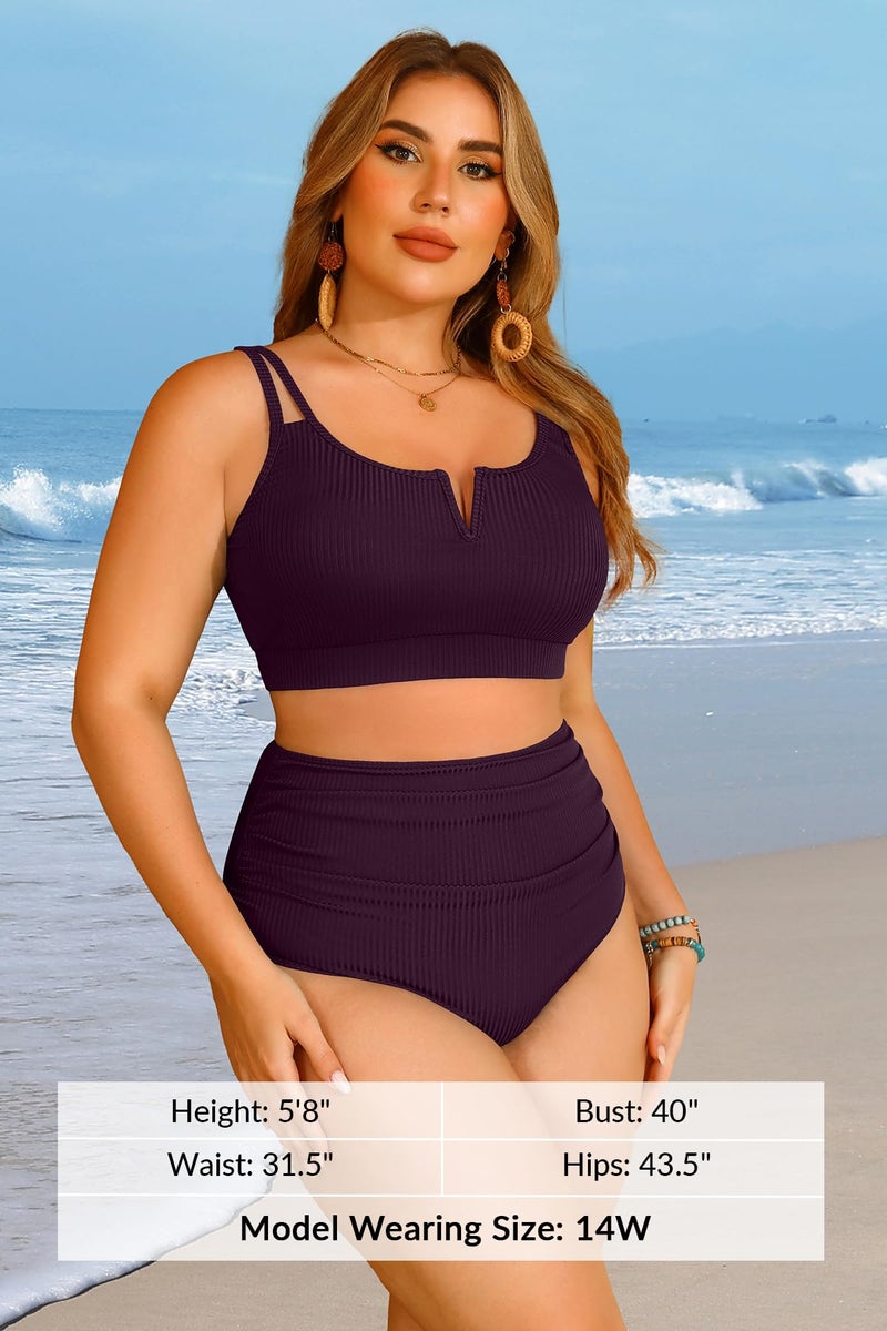 Yonique Women Plus Size High Waisted Bikini - Ribbed Two Piece Swimsuit Tummy Control Bathing Suit V-Wired 2025 Swimwear Dark Purple 16W - Image 5