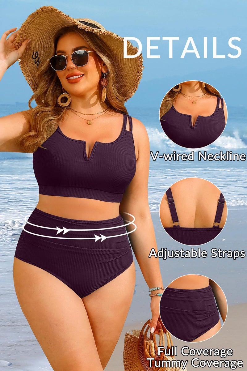 Yonique Women Plus Size High Waisted Bikini - Ribbed Two Piece Swimsuit Tummy Control Bathing Suit V-Wired 2025 Swimwear Dark Purple 16W - Image 3