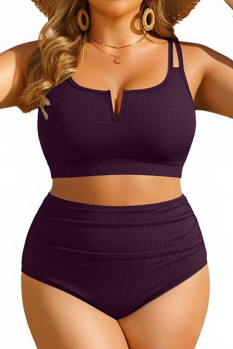 Yonique Women Plus Size High Waisted Bikini - Ribbed Two Piece Swimsuit Tummy Control Bathing Suit V-Wired 2025 Swimwear Dark Purple 16W - Image 1