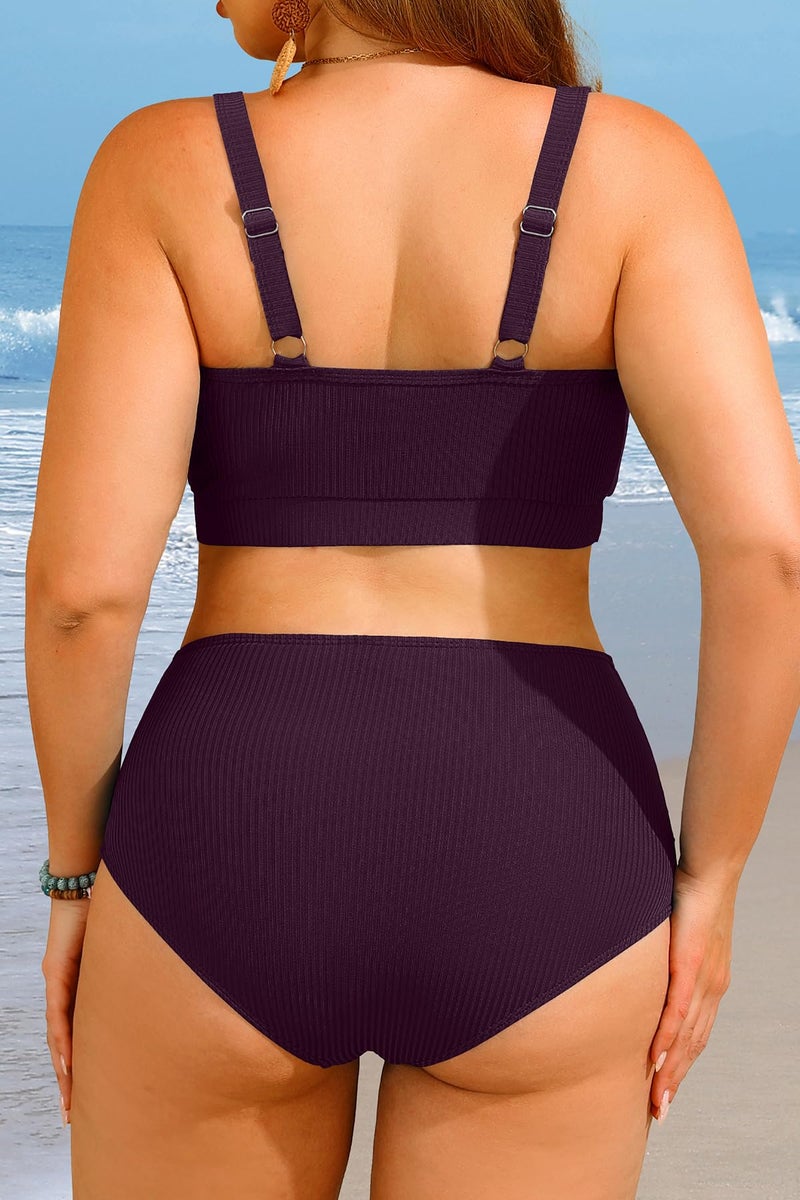 Yonique Women Plus Size High Waisted Bikini - Ribbed Two Piece Swimsuit Tummy Control Bathing Suit V-Wired 2025 Swimwear Dark Purple 16W - Image 2