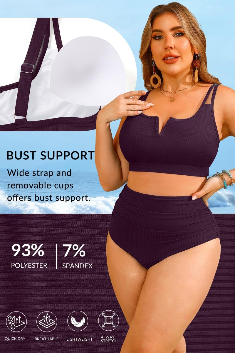 Yonique Women Plus Size High Waisted Bikini - Ribbed Two Piece Swimsuit Tummy Control Bathing Suit V-Wired 2025 Swimwear Dark Purple 16W - Image 4