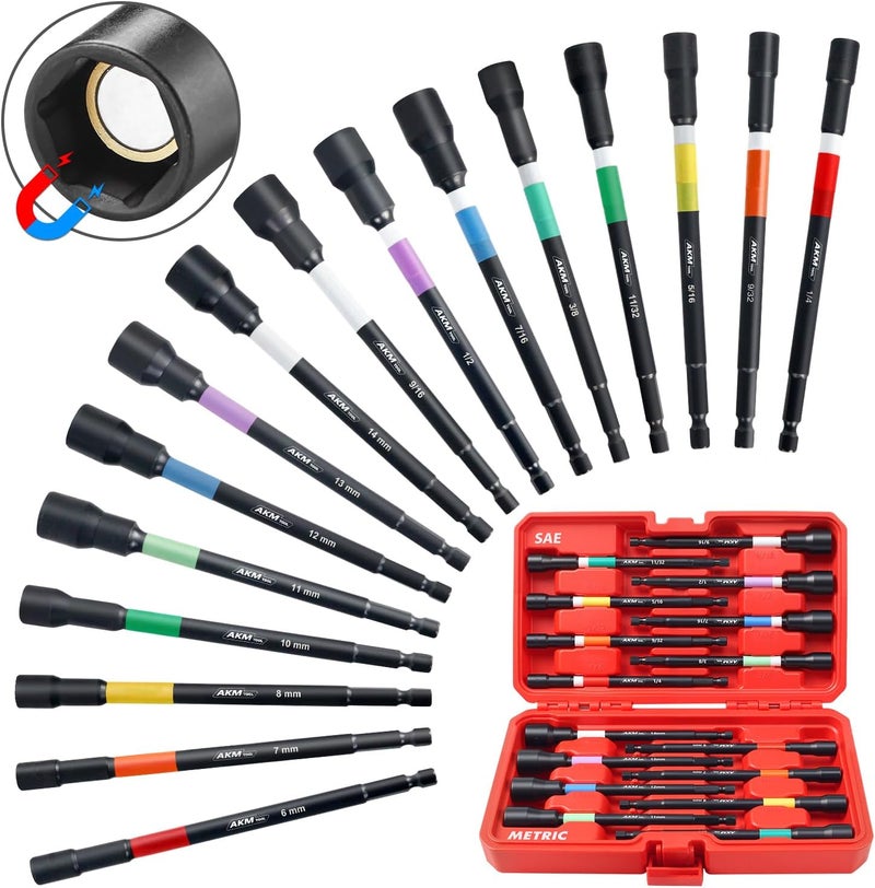 AKM TOOL Nut Driver Set, Color-Coded Magnetic Nut Driver Set, 16 PCS Nut Drivers, 6 Inch, 1/4" Hex Shank, SAE & Metric, Extra Long, Nut driver set for Impact Drill with Storage Case - Image 1
