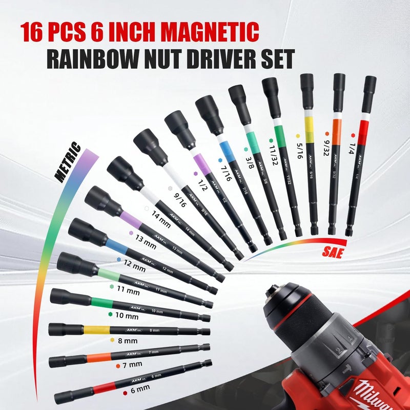 AKM TOOL Nut Driver Set, Color-Coded Magnetic Nut Driver Set, 16 PCS Nut Drivers, 6 Inch, 1/4" Hex Shank, SAE & Metric, Extra Long, Nut driver set for Impact Drill with Storage Case - Image 2