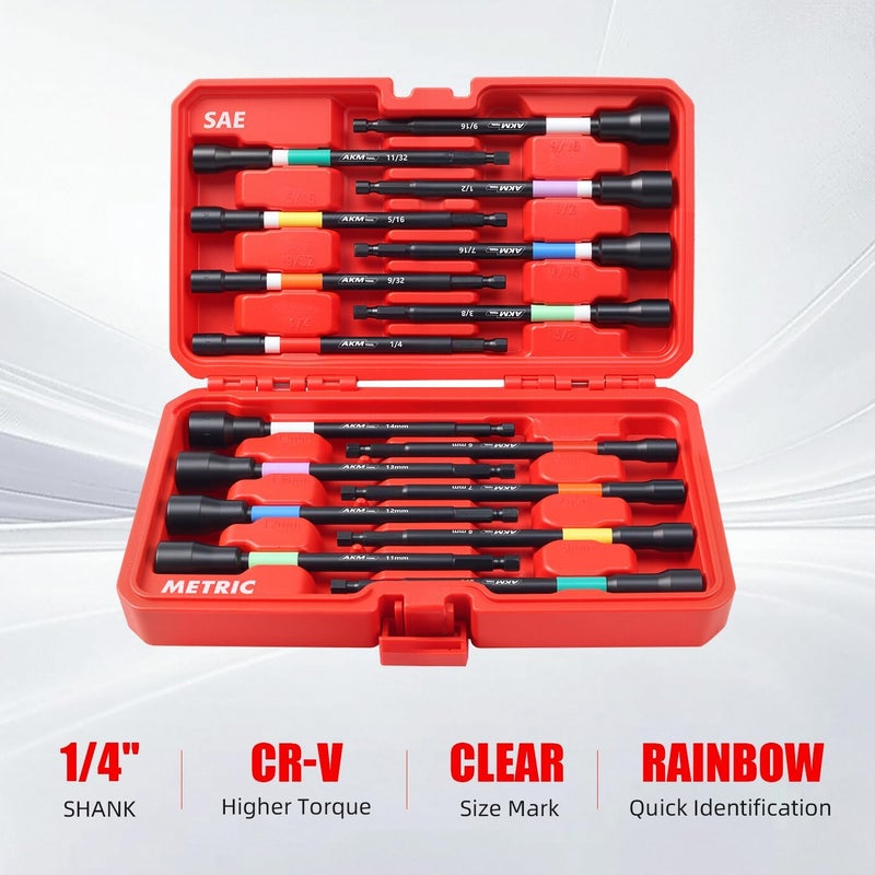 AKM TOOL Nut Driver Set, Color-Coded Magnetic Nut Driver Set, 16 PCS Nut Drivers, 6 Inch, 1/4" Hex Shank, SAE & Metric, Extra Long, Nut driver set for Impact Drill with Storage Case - Image 5