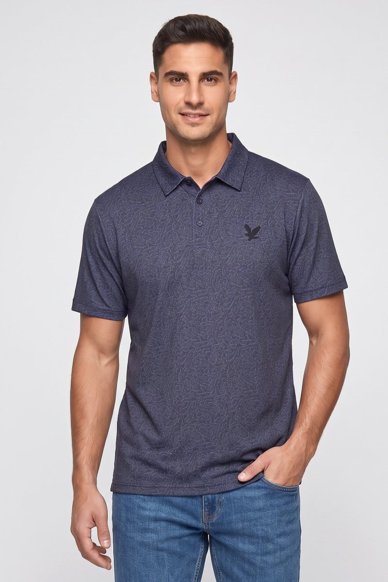 Lyle & Scott Men Regular Fit Allover Print Short Sleeve Polo Shirt, Blue - Image 1