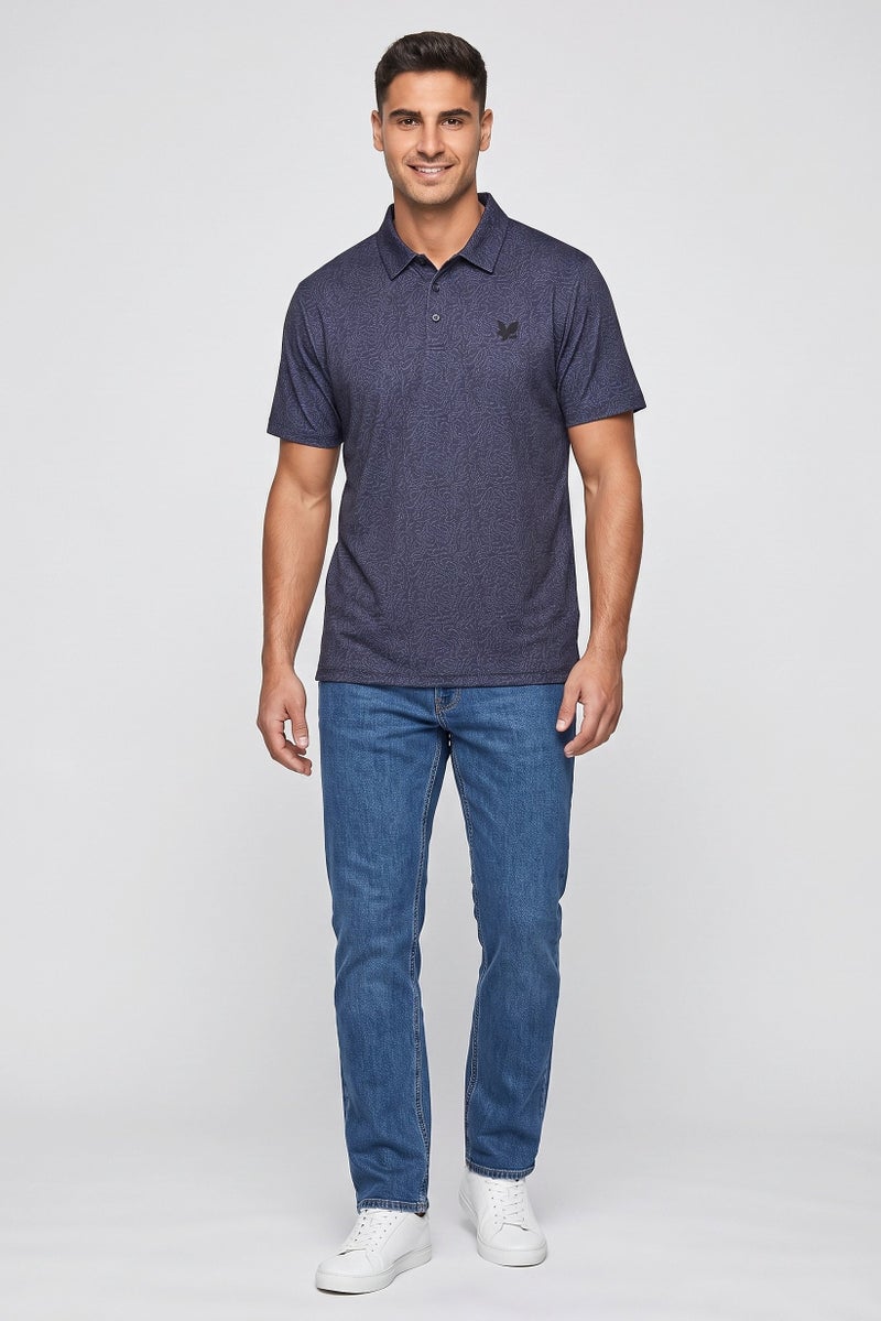 Lyle & Scott Men Regular Fit Allover Print Short Sleeve Polo Shirt, Blue - Image 2