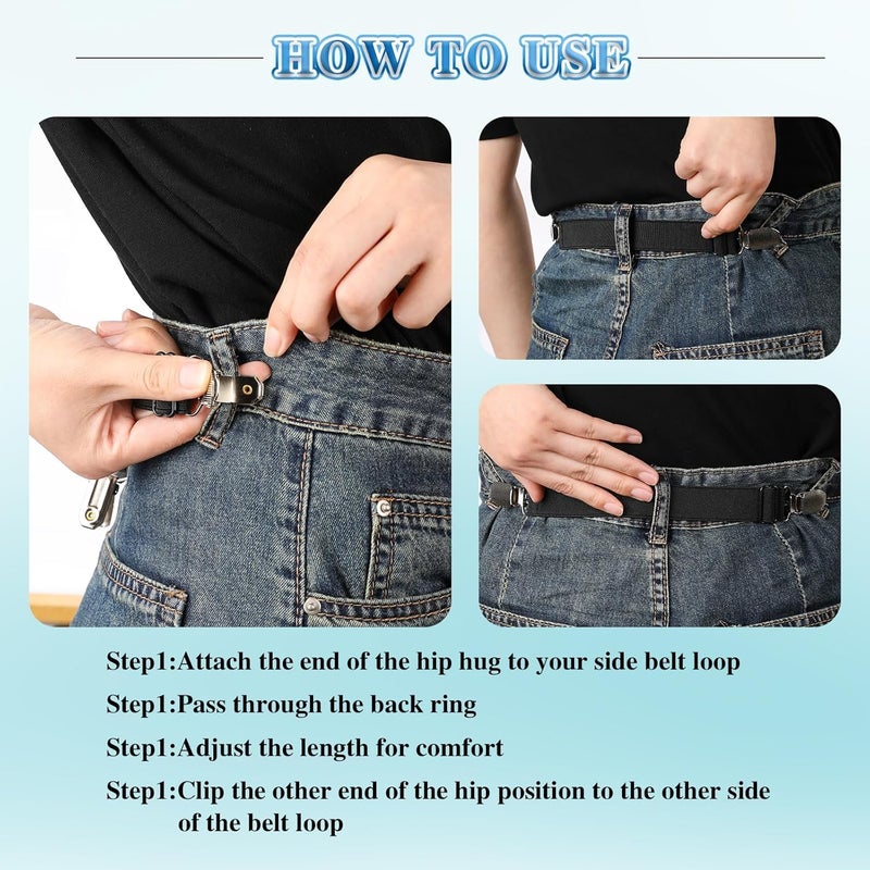 Bukela Adjustable Hip Elastic Belt, 6 Pcs Elastic Band for Sewing Pant Waist Tightener Pant Belt Clip Women Men Back Cinch for Jeans Pants Dresses black blue white large - Image 5