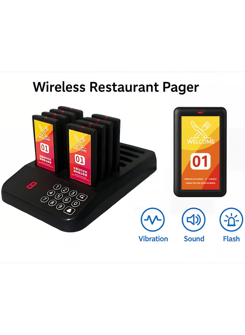 Wireless Pager System – 8 Durable Call Chips, 500m² Coverage, Vibration, LED & Beep Alerts, Waterproof, Oil-Resistant, Compact & Easy to Use, Black - Image 1