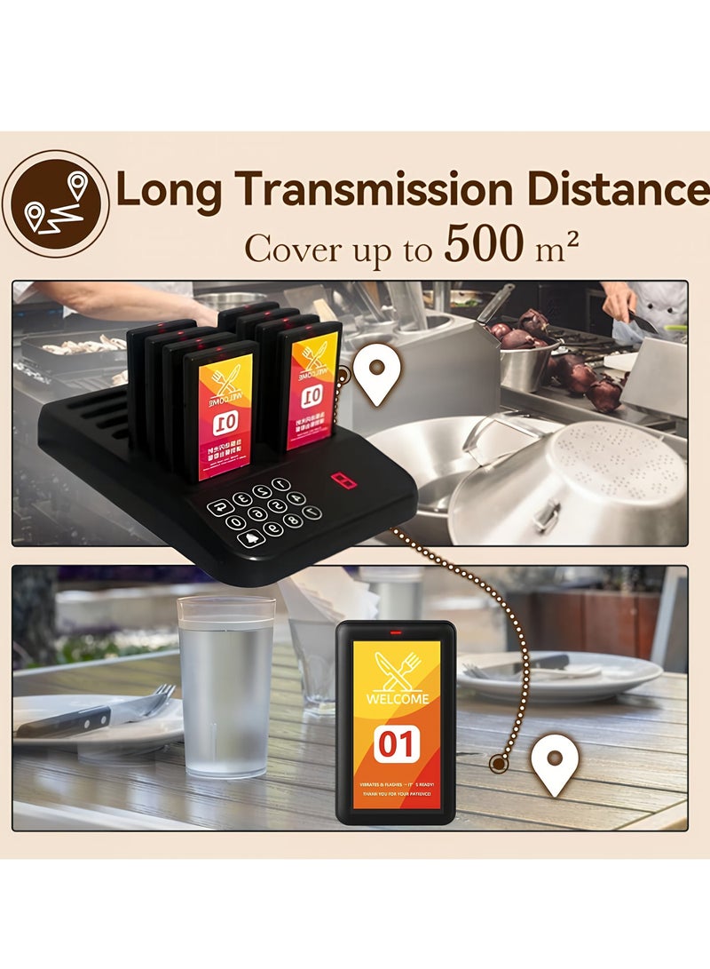 Wireless Pager System – 8 Durable Call Chips, 500m² Coverage, Vibration, LED & Beep Alerts, Waterproof, Oil-Resistant, Compact & Easy to Use, Black - Image 2
