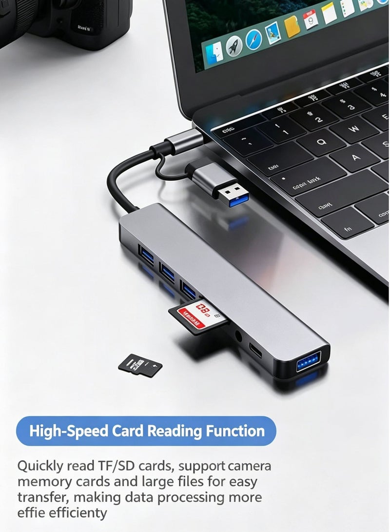 محول USB-C 8 في 1 - منفذين USB-A وUSB-C - سرعة 5 جيجابت/ثانية - قارئ SD/TF - منفذ صوت - متوافق مع لابتوب وMacBook وAndroid - Image 4