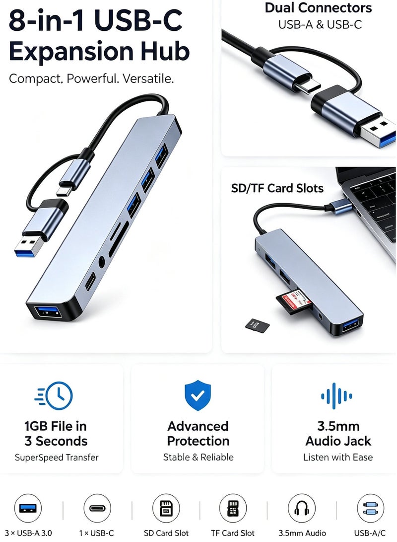 محول USB-C 8 في 1 - منفذين USB-A وUSB-C - سرعة 5 جيجابت/ثانية - قارئ SD/TF - منفذ صوت - متوافق مع لابتوب وMacBook وAndroid - Image 3