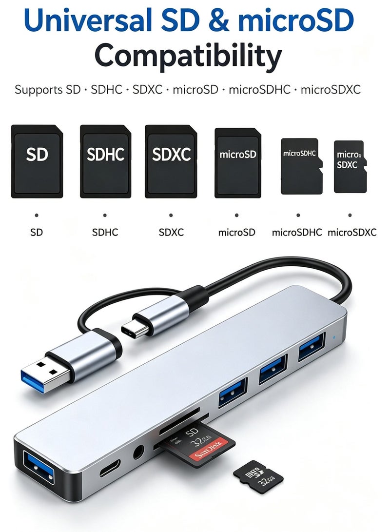 محول USB-C 8 في 1 - منفذين USB-A وUSB-C - سرعة 5 جيجابت/ثانية - قارئ SD/TF - منفذ صوت - متوافق مع لابتوب وMacBook وAndroid - Image 2