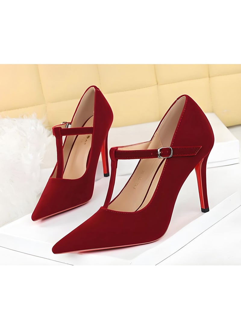 BIGTREE Women's Suede Stiletto Pumps Closed Pointed Toe T Strap High Heels Shoes Wine Red 10CM - Image 1