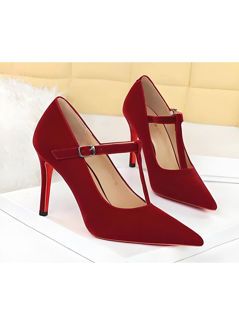 BIGTREE Women's Suede Stiletto Pumps Closed Pointed Toe T Strap High Heels Shoes Wine Red 10CM - Image 2